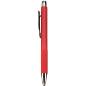 A metal pen in red, featuring a ribbed grip and a silver clip, with a shiny silver tip.