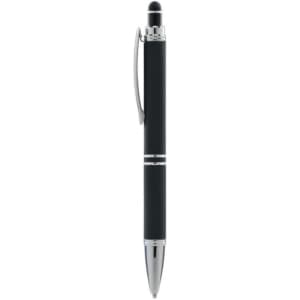 A black pen with a silver clip and tip, featuring a sleek design and a stylus at the top.