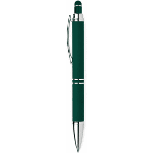A dark green aluminium pen with a silver accent and a stylus tip at the end. The pen features a clip and branding.