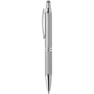 A silver pen with a textured grip and a clip; it has a sleek and modern design.