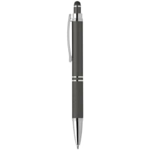 A pen with a black barrel and silver accents, featuring a stylus tip at one end and a clip.