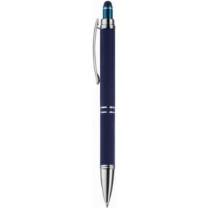 A blue pen with a sleek design and silver accents, featuring a clip and a textured grip.