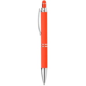 A promotional pen in bright orange with a shiny silver clip and tip. It features a logo on the body.