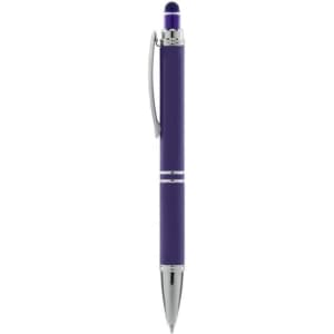 A purple pen with silver accents and a stylus tip, featuring a sleek design and a clip.