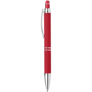 A red pen with a sleek design, featuring a chrome clip and accents. It has a rounded tip and a comfortable grip.