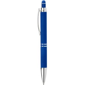 A blue pen with a silver clip, featuring a stylus tip and two silver stripes on the barrel. Includes branding.