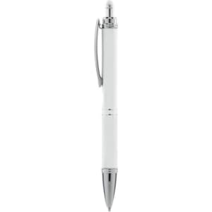 A white pen with chrome accents and a clip, featuring a sleek design and a shiny finish.