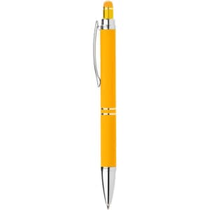 A yellow pen with a shiny silver clip and tip, featuring a smooth design and a rubber grip.