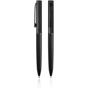 A sleek black pen featuring a textured grip and a clip, positioned upright for display.