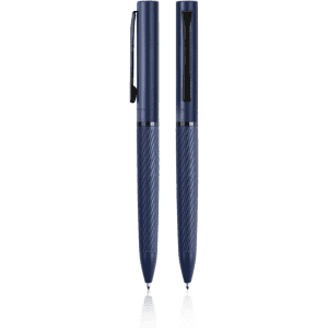 A navy blue pen with a textured design and a clip, featuring a clear window on one side.