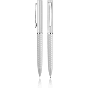A set of two white pens with silver accents and a textured grip, featuring a logo on one pen.
