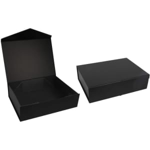 A black gift box, featuring an open top and a separate lid, suitable for containing various items.