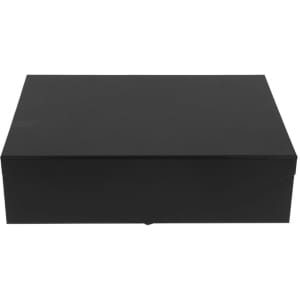 A black gift box with a flat lid and a simple design, featuring discreet branding.