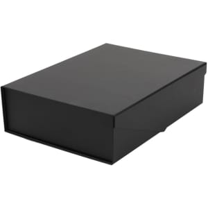 A black gift box with a sleek, minimal design, featuring a secure closure. Ideal for various occasions.