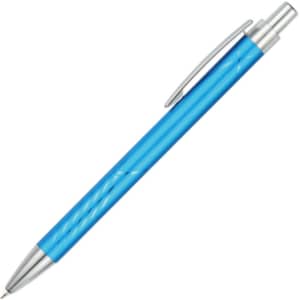A blue aluminium pen with a silver clip and tip, featuring a twist mechanism and a smooth finish.