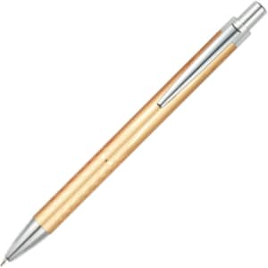 A wooden aluminium pen with a shiny silver clip and tip, featuring a smooth finish and a simple design.