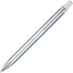 A metallic silver pen with a sleek design, featuring a clip and a smooth writing tip. Includes a logo.
