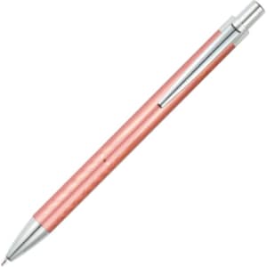 A pink aluminium pen with a silver clip and tip, featuring a logo on the barrel.