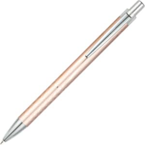 A Rocket aluminium pen in a rose gold finish with a silver clip and tip. It has a sleek and modern design.