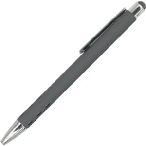 A grey Gatling aluminum pen with a chrome tip and clip, featuring a stylus end and a sleek design.