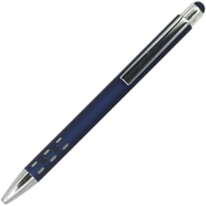 A blue aluminium pen with a silver clip and tip, featuring a textured grip and a logo.