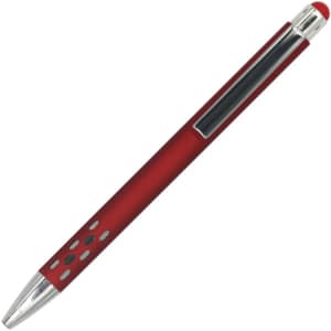 A red aluminium pen with a silver clip and decorative features, featuring a logo on the side.