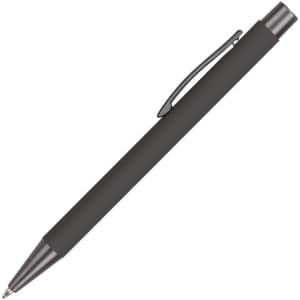 A matte black metal pen with a sleek design and a clip for easy attachment. It features a branding logo.