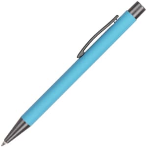 A blue aluminium pen with a sleek design and a metal clip. The pen features a smooth writing tip.