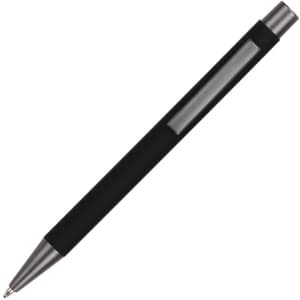 A black aluminium pen with a silver clip and tip, featuring a sleek design. The pen has a branding logo.