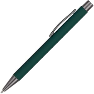A green aluminium pen with a silver clip and tip, featuring a sleek design and a branding logo.