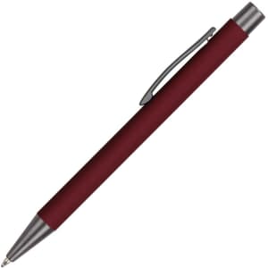 A maroon aluminium pen with a silver clip and tip, featuring a sleek design and a glossy finish.