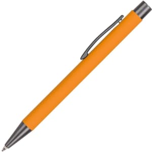 An orange Polar aluminium pen with a silver clip, featuring a sleek metal design and a branding logo.