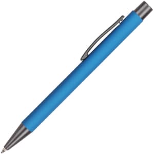 A blue aluminium pen with a matte finish and a silver clip. It features a logo near the top.