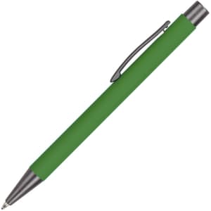 A green aluminum pen with a silver clip and a sleek design, featuring a branding logo.