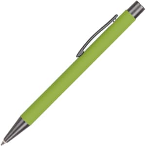 A green aluminum pen with a silver clip and a sleek, smooth design.