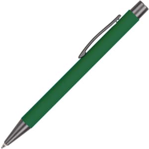 A green aluminum pen with a silver clip and tip, featuring a smooth, textured finish.
