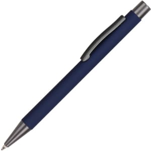 A navy blue aluminum pen with a silver clip, featuring a sleek, minimalist design. It has a logo on the body.