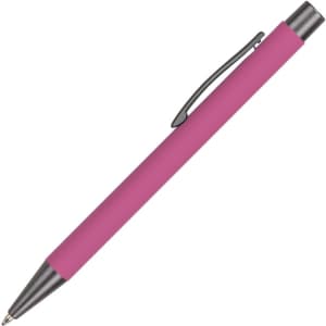 A pink aluminium pen with a silver clip and a smooth finish. The pen features a sleek design and branding.