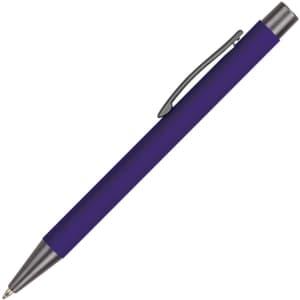 A purple aluminium pen with a metallic clip and a sleek design, featuring a logo on the barrel.