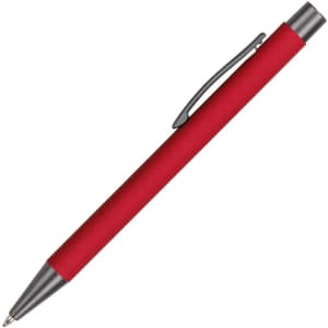 A red aluminum pen with a silver clip and tip, featuring a sleek design and branding.