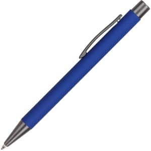 A blue aluminium pen with a silver clip and a smooth finish, featuring a branding logo.