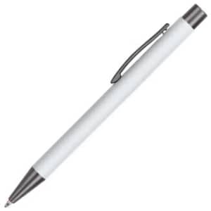 A white aluminium pen with a silver clip and tip, featuring a minimalistic design.