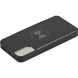 A black power bank with a wireless charging feature and USB ports, featuring a logo on its surface.