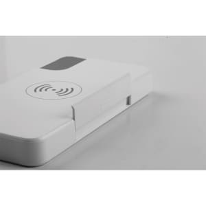 A power bank in white with a sleek design and a wireless charging pad on top, featuring a logo.