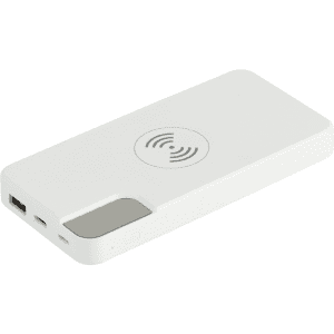 A power bank in white with a wireless charging pad and multiple ports for connectivity.