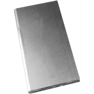 A sleek, silver power bank with a slim design featuring a branding logo.
