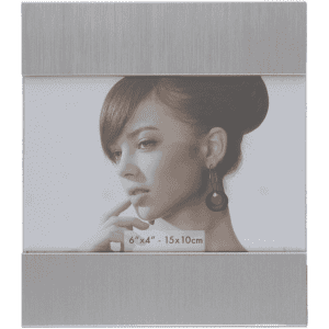 A silver photo frame designed for 6"x4" photos, featuring a sleek and modern style.
