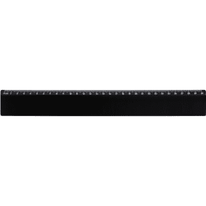 A black ruler featuring measurement markings along one edge and a logo on the surface.