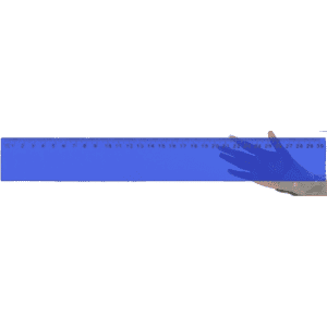 A blue ruler with measurements marked along its length, accompanied by a hand holding it.