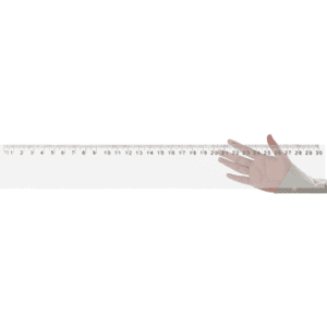A transparent ruler with black markings, held by a hand, displaying measurement increments up to 30 centimetres.
